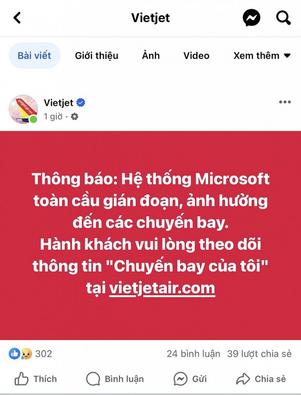 Thông báo của hãng hàng không Vietjet trong chiều 19/7. Ảnh màn hình: Hà Anh/Mekong ASEAN.