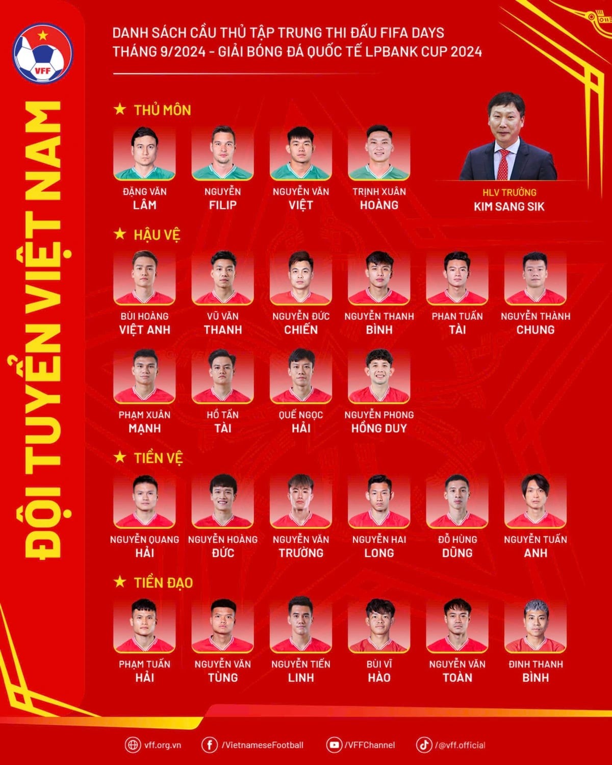 LPBank Cup 2024: HLV Kim Sang-sik tập trung 26 cầu thủ cho trận gặp Thái Lan, Nga