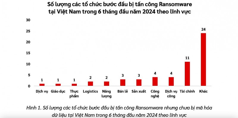 Lượng các tổ chức bước đầu bị tấn công ransomware tại Việt Nam trong 6 tháng đầu năm 2024 theo lĩnh vực. Ảnh: Theo Viettel.