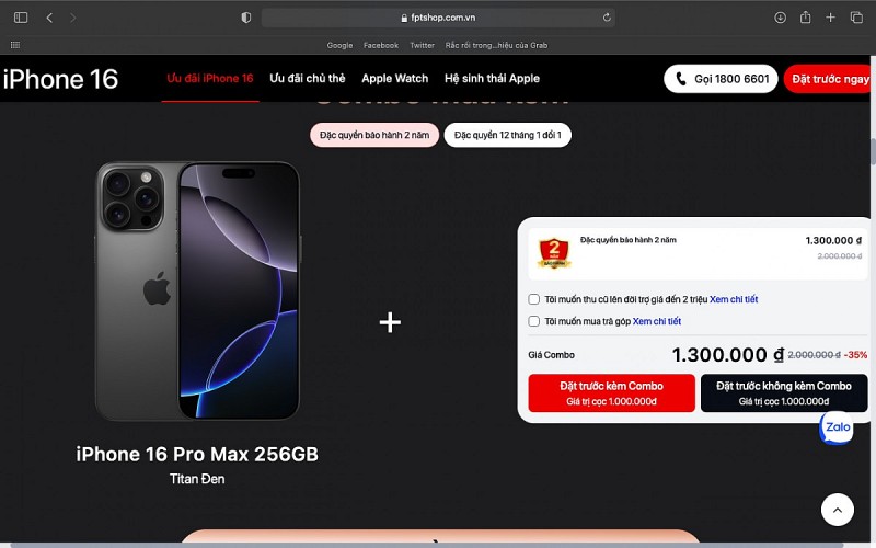 Hhầu hết các phiên bản của iPhone 16 Series hiển thị 2 tùy chọn cho người mua đó là đặt trước kèm combo và đặt trước không kèm combo. Ảnh màn hình: Hà Anh/Mekong ASEAN.