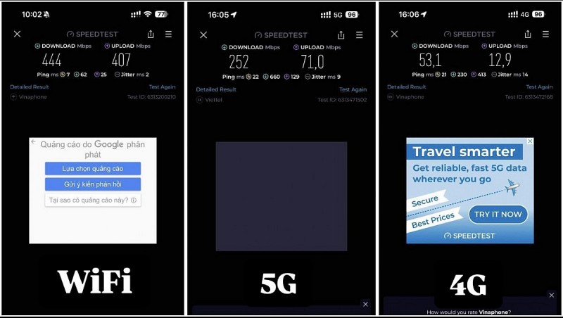 Tốc độ tải xuống của mạng 4G, 5G và Wifi tại một địa điểm ở Thanh Xuân Trung (quận Thanh Xuân, Hà Nội). Ảnh: Phạm Ngọc Hải.