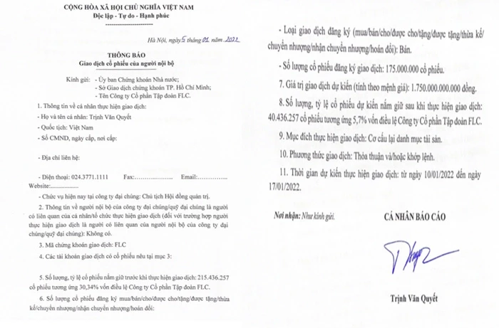 Th&ocirc;ng b&aacute;o cho thấy y&ecirc;u cầu giao dịch của &ocirc;ng Trịnh Văn Quyết được gửi đi từ ng&agrave;y 5/1/2022.