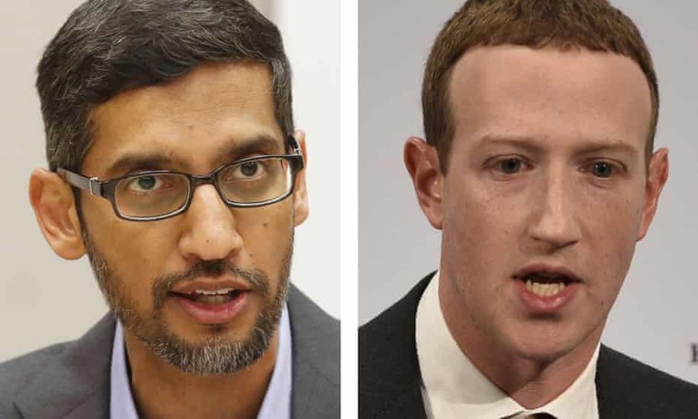 Gi&aacute;m đốc điều h&agrave;nh Google Sundar Pichai v&agrave; Gi&aacute;m đốc điều h&agrave;nh Facebook Mark Zuckerberg. Ảnh: AP