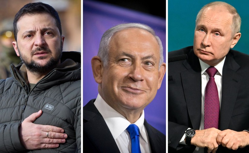 Tổng thống Ukraine Volodymyr Zelensky, Thủ tướng Israel Benjamin Netanyahu v&agrave; Tổng thống Nga Vladimir Putin. Ảnh: AP