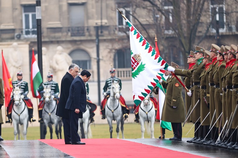 Hai Thủ tướng Việt Nam v&agrave; Hungary ch&agrave;o quốc kỳ. Ảnh: VGP