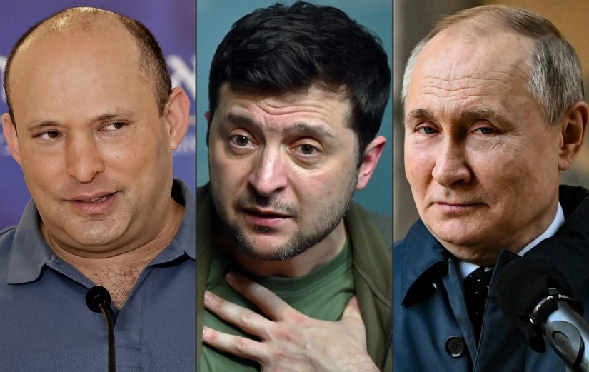 Thủ tướng Naftali Bennett (tr&aacute;i), Tổng thống Ukraine Volodymyr Zelensky (giữa) v&agrave; Tổng thống Nga Vladimir Putin. Ảnh: AFP