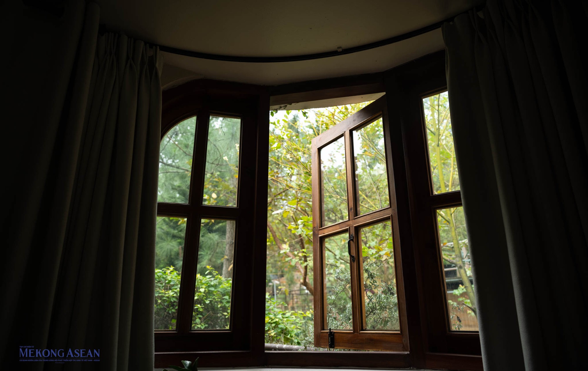 Phần nội thất mang phong c&aacute;ch vintage cổ điển với khung cửa sổ phủ d&acirc;y leo.