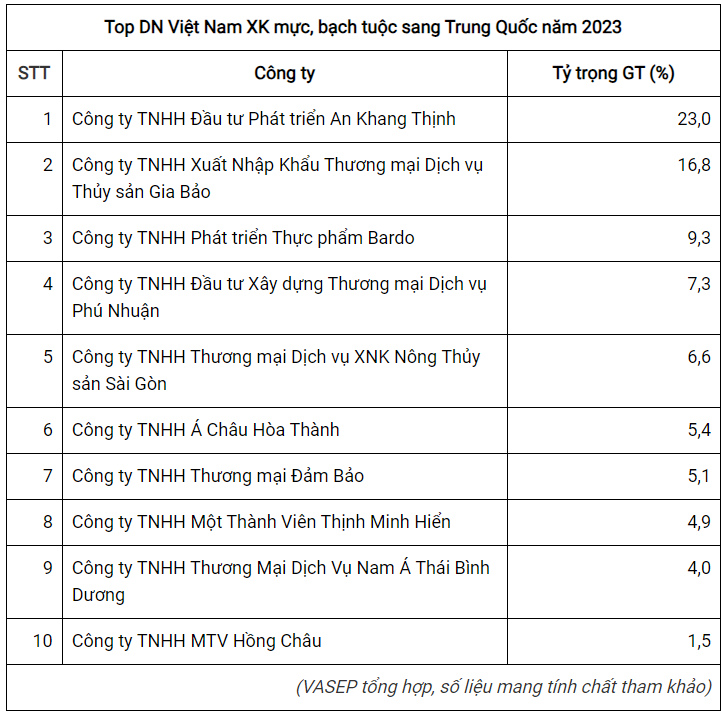 3 doanh nghiệp xuất khẩu mực, bạch tuộc lớn nhất sang Trung Quốc năm 2023