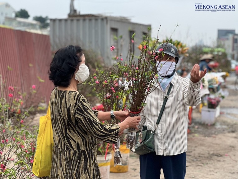 Sau Tết Nguy&ecirc;n đ&aacute;n 2024, nhiều tiểu thương vẫn b&agrave;y b&aacute;n đ&agrave;o v&agrave; số c&acirc;y cảnh c&ograve;n tồn đọng nhằm cứu vốn, hy vọng c&oacute; người mua trang tr&iacute; ng&agrave;y rằm th&aacute;ng Gi&ecirc;ng. Ảnh: H&agrave; Anh - Mekong ASEAN.