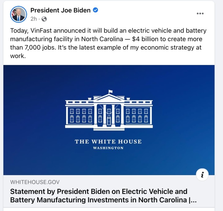 Lời khen ngợi của Tổng thống Joe Biden tr&ecirc;n trang Facebook.