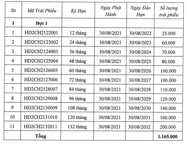 11 g&oacute;i tr&aacute;i phiếu được Điện gi&oacute; H&ograve;a Đ&ocirc;ng 2 ph&aacute;t h&agrave;nh trong ng&agrave;y 30/8/2021.