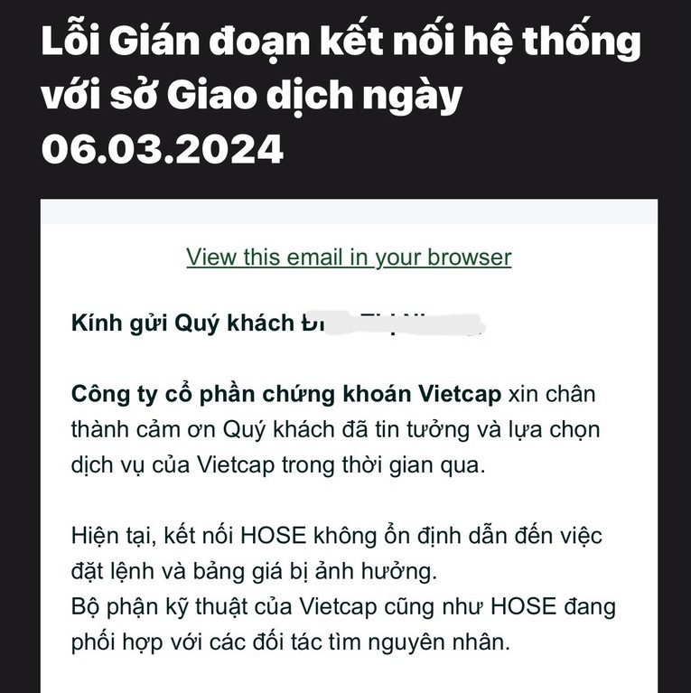 Th&ocirc;ng b&aacute;o của Chứng kho&aacute;n Vietcap gửi tới kh&aacute;ch h&agrave;ng về lỗi giao dịch.