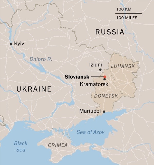 Vị tr&iacute; th&agrave;nh phố Sloviansk tr&ecirc;n bản đồ. Nguồn: The New York Times