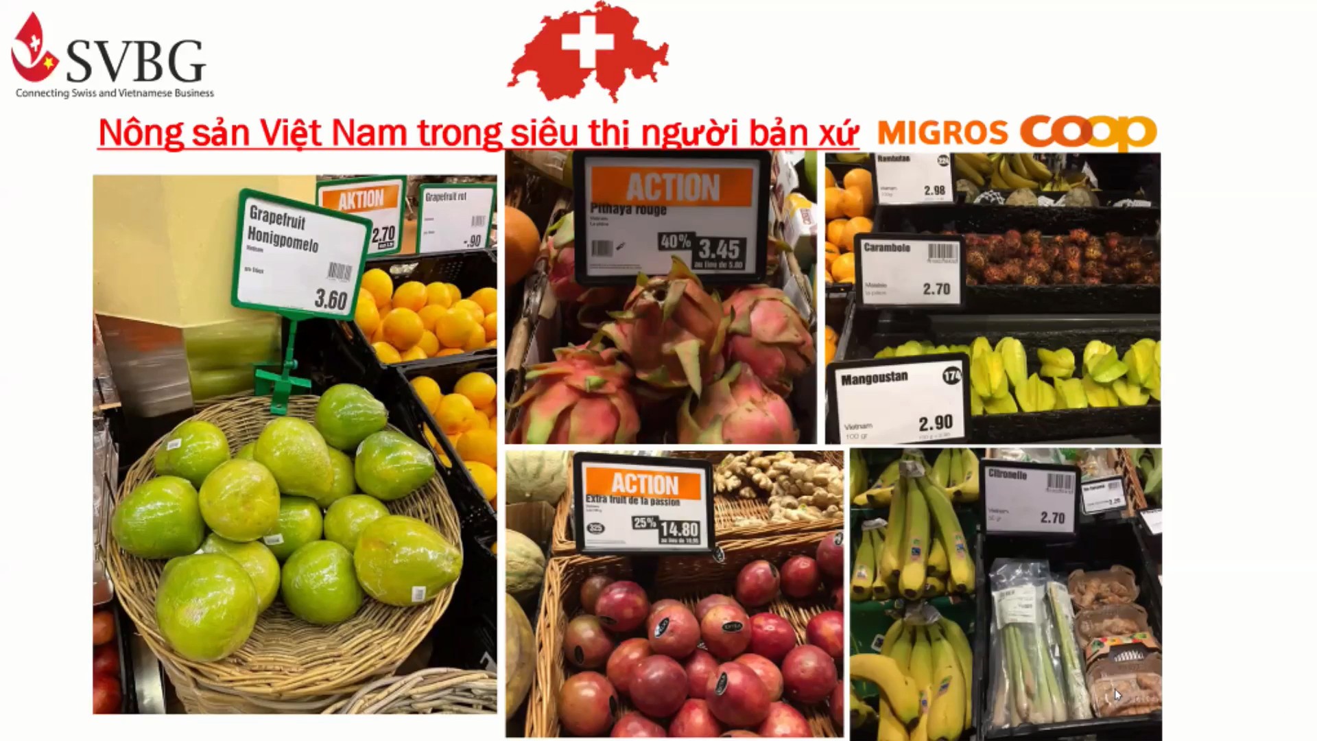 Gi&aacute; một số loại n&ocirc;ng sản Việt tại Thụy Sĩ. Ảnh: SVBG