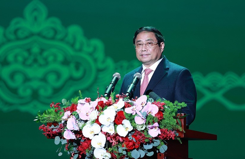 Thủ tướng Phạm Minh Ch&iacute;nh ph&aacute;t biểu tại lễ kỷ niệm 60 năm th&agrave;nh lập của Ng&acirc;n h&agrave;ng TMCP Ngoại thương Việt Nam (Vietcombank). Ảnh: VGP