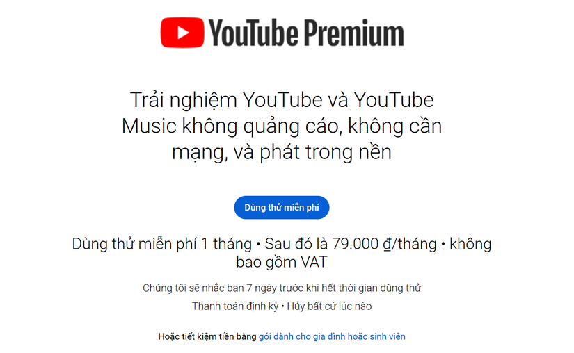 G&oacute;i t&agrave;i khoản YouTube Premium được nền tảng YouTube cung cấp tại Việt Nam từ 12/4. Ảnh: B&igrave;nh An