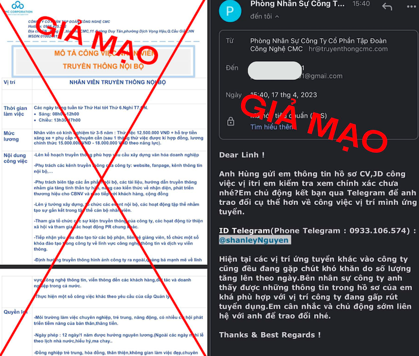 Nh&oacute;m lừa đảo đ&atilde; y&ecirc;u cầu ứng vi&ecirc;n sử dụng Telegram để trao đổi th&ocirc;ng tin th&ocirc;ng qua email giả mạo CMC.