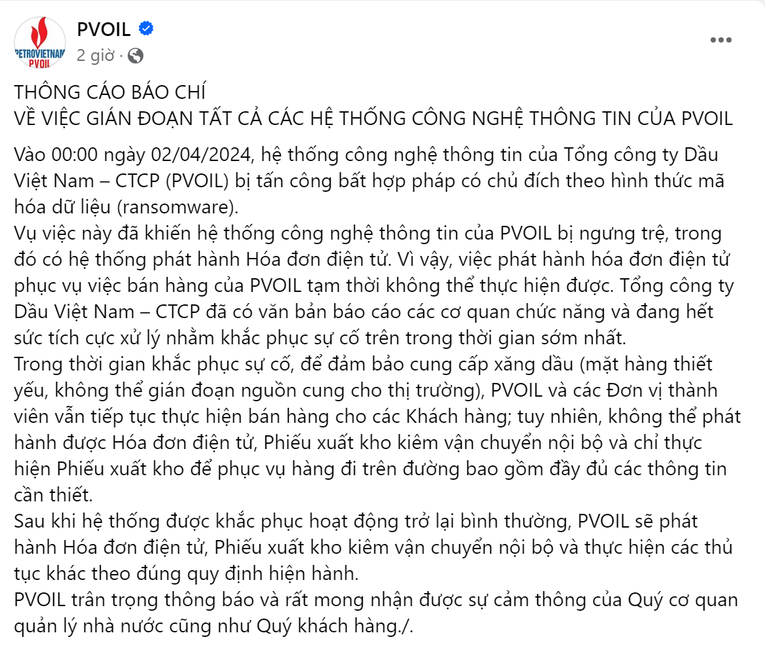 Th&ocirc;ng b&aacute;o ch&iacute;nh thức của PV OIL tr&ecirc;n trang facebook của Tổng c&ocirc;ng ty.