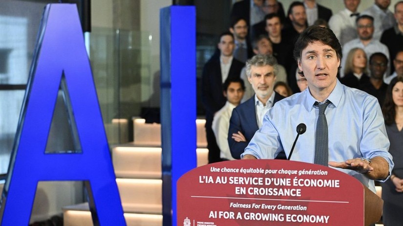 Thủ tướng Canada Justin Trudeau ph&aacute;t biểu trong buổi họp b&aacute;o ng&agrave;y 7/4 về đổi mới để tăng trưởng kinh tế trước ng&acirc;n s&aacute;ch li&ecirc;n bang năm 2024, tại Montreal. Ảnh: Theo CityNews Toronto.