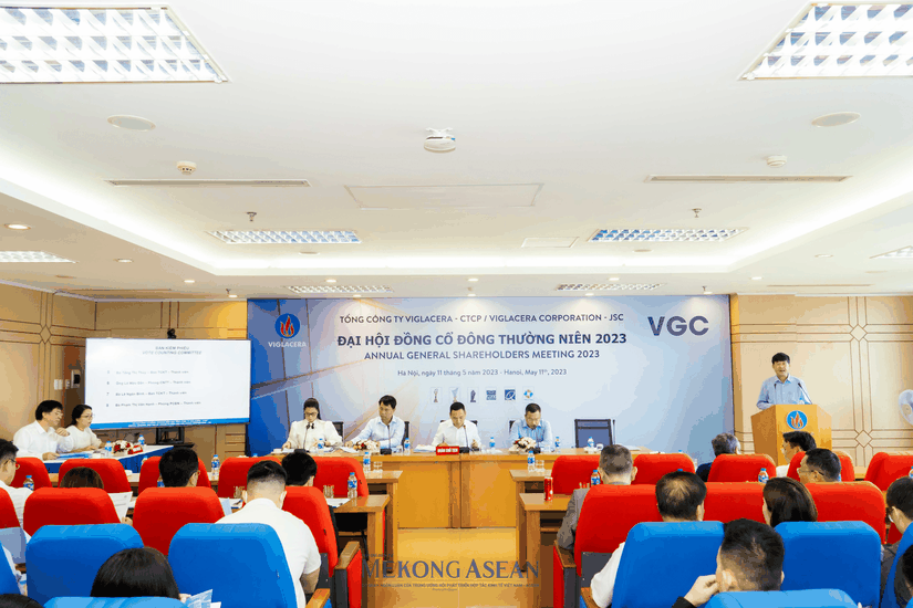 Tổng gi&aacute;m đốc Viglacera Nguyễn Anh Tuấn thay mặt đo&agrave;n chủ tịch đọc tờ tr&igrave;nh tại Đại hội