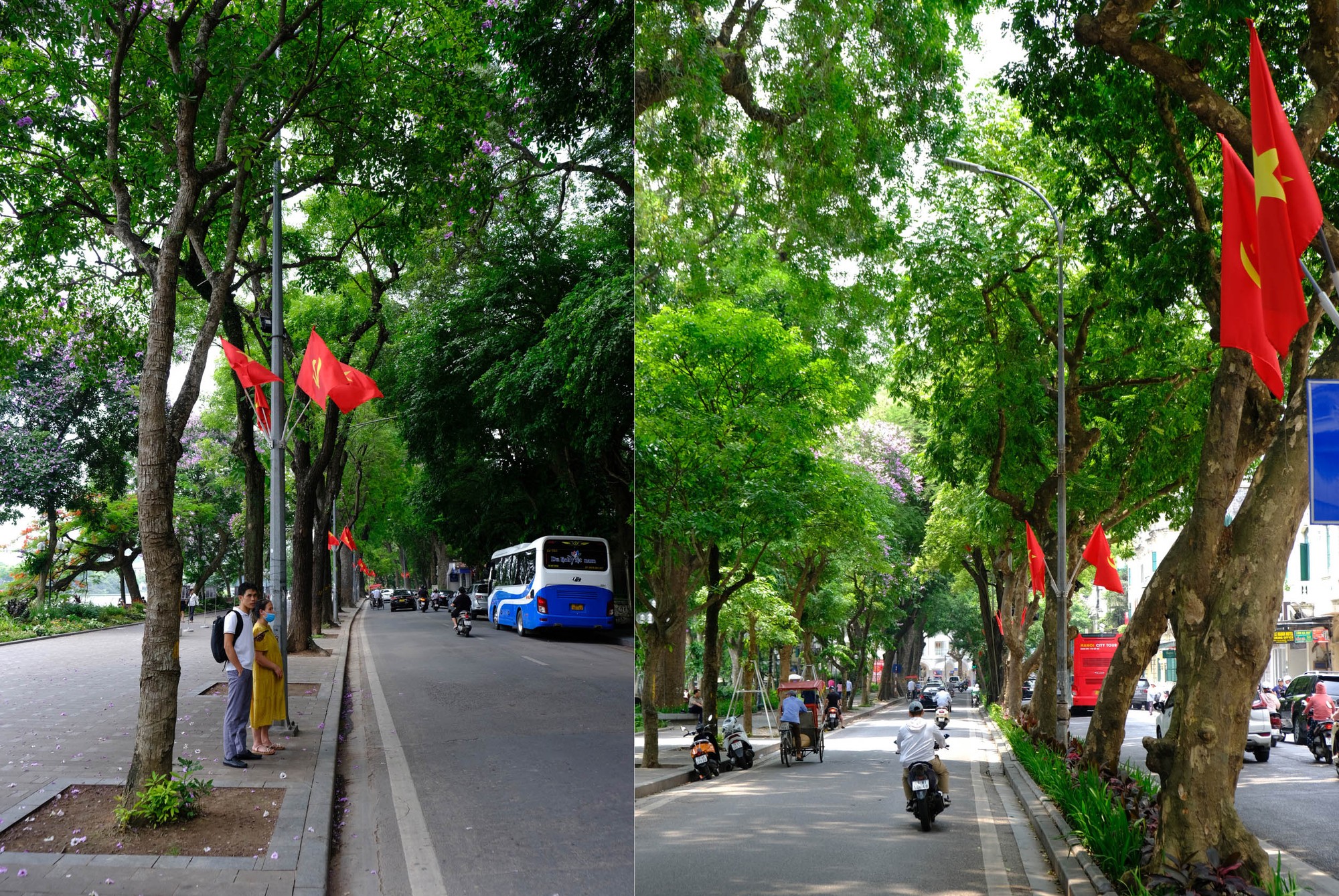 Sắc cờ đỏ sao v&agrave;ng phủ đầy phố đi bộ Hồ Gươm. Ảnh: L&ecirc; An/Mekong ASEAN.