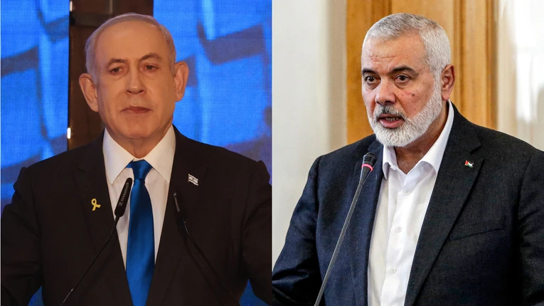 Thủ tướng Israel Benjamin Netanyahu (tr&aacute;i) v&agrave; thủ lĩnh Hamas Ismail Haniyeh (phải). Ảnh: AFP