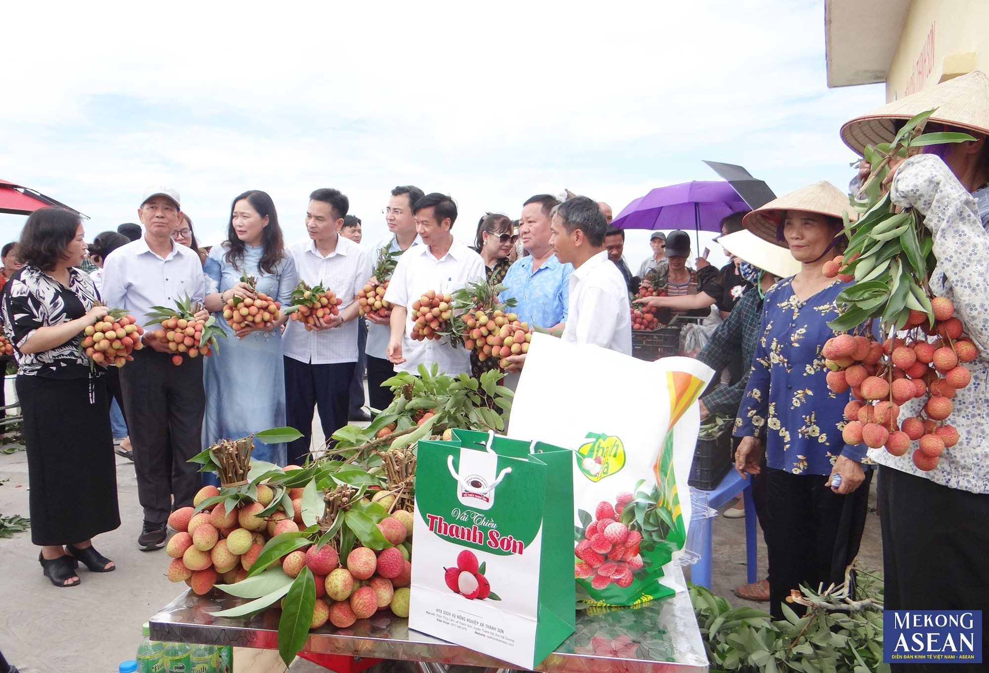 L&atilde;nh đạo một số Sở ng&agrave;nh của tỉnh Hải Dương (C&ocirc;ng Thương, N&ocirc;ng nghiệp v&agrave; Ph&aacute;t triển n&ocirc;ng th&ocirc;n, Văn h&oacute;a, Thể thao v&agrave; Du lịch), l&atilde;nh đạo Huyện ủy Thanh H&agrave;, l&atilde;nh đạo Hiệp hội Du lịch tỉnh Hải Dương, c&ugrave;ng c&aacute;c đại biểu, du kh&aacute;ch tham quan sản phẩm vải thiều Thanh H&agrave; được trưng b&agrave;y, b&aacute;n tr&ecirc;n đ&ecirc; (gần khu vực tổ chức sự kiện).