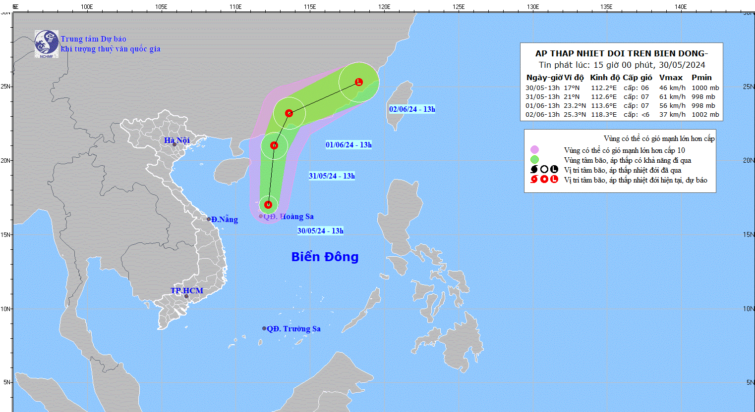 Hướng đi của &aacute;p thấp nhiệt đới đầu ti&ecirc;n m&ugrave;a b&atilde;o lũ năm 2024. Ảnh: Trung t&acirc;m dự b&aacute;o kh&iacute; tượng thủy văn quốc gia.