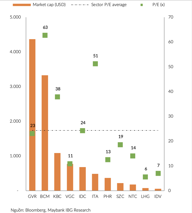 Vốn ho&aacute; thị trường (market cap) v&agrave; P/E của c&aacute;c c&ocirc;ng ty bất động sản KCN. Maybank