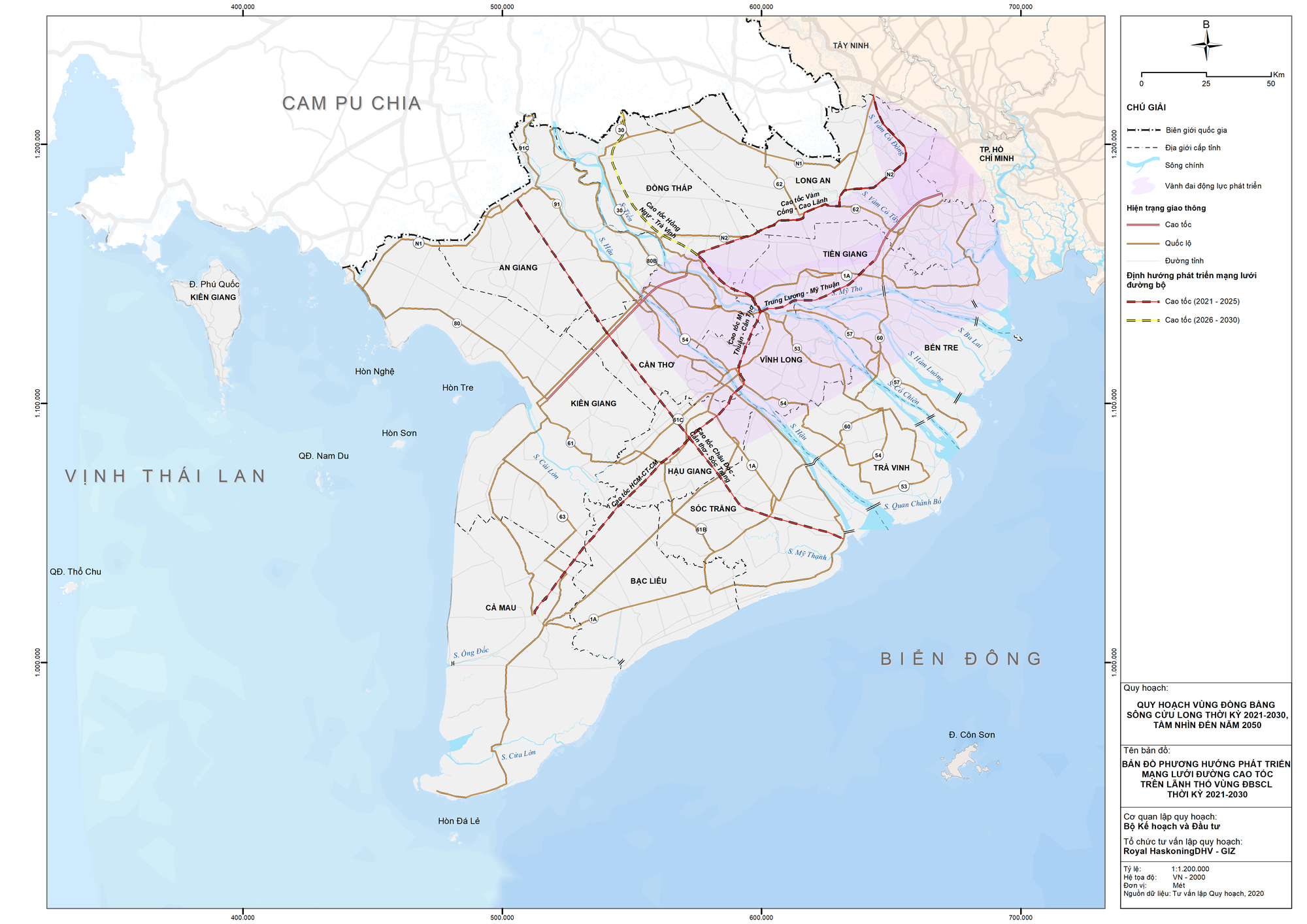 Bản đồ phương hướng ph&aacute;t triển mạng lưới đường cao tốc v&ugrave;ng Đồng bằng s&ocirc;ng Cửu Long thời kỳ 2021 - 2030.