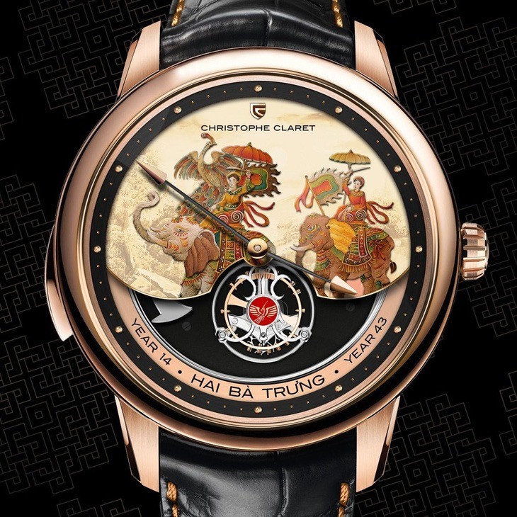 H&igrave;nh ảnh Hai B&agrave; Trưng cưỡi voi đ&aacute;nh trận được in tr&ecirc;n mặt đồng hồ Christophe Claret của Thụy Sỹ.