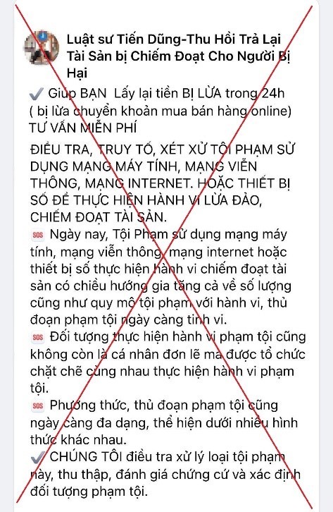 Một t&agrave;i khoản giả danh luật sư đăng b&agrave;i hỗ trợ nạn nh&acirc;n thu hồi tiền bị lừa tr&ecirc;n mạng x&atilde; hội.