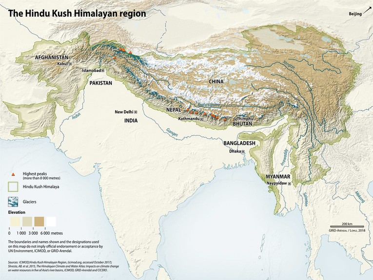 Bản đồ khu vực d&atilde;y Hindu Kush Himalaya. Ảnh: ICIMOD