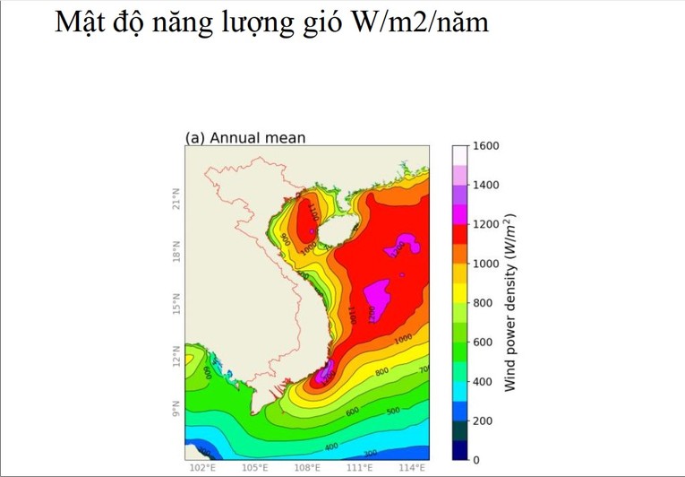 Bản đồ Mật độ năng lượng gi&oacute; W/m2/năm. Nguồn: Nh&oacute;m t&aacute;c giả Đo&agrave;n Quang Văn, Đinh Văn Nguy&ecirc;n, Hiroyuki Kusaka, C&ocirc;ng Thanh, Ansar Khan, Dư Văn To&aacute;n, Nguyễn Đ&igrave;nh Đức