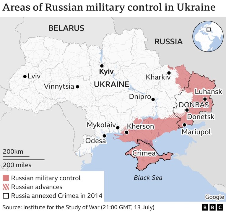 B&aacute;n đảo Crimea tr&ecirc;n bản đồ. Ảnh: BBC