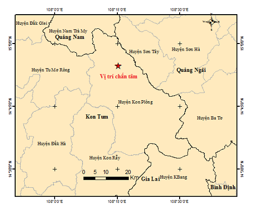 Tọa độ xảy ra trận động đất v&agrave;o 6h50 ng&agrave;y 12/7, c&oacute; độ lớn cao nhất l&agrave; 3,8 độ richter. Ảnh: Trung t&acirc;m B&aacute;o tin Động đất v&agrave; Cảnh b&aacute;o S&oacute;ng thần