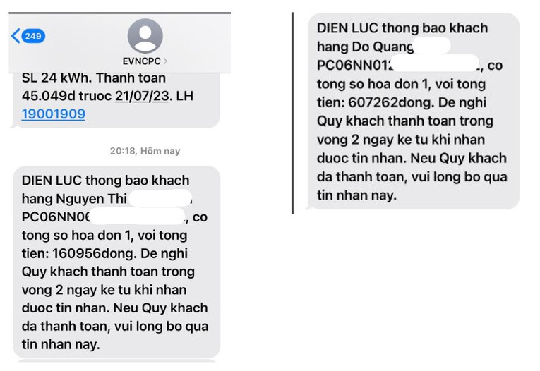 Tin nhắn giả mạo Tổng c&ocirc;ng ty Điện lực miền Trung (EVNCPC) đề nghị kh&aacute;ch h&agrave;ng thanh to&aacute;n tiền điện.