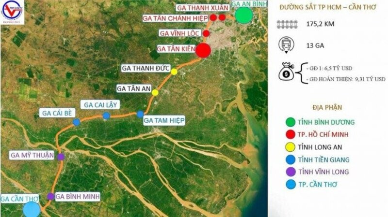 Hướng tuyến đường sắt TP HCM - Cần Thơ.