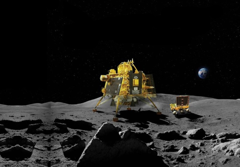 M&ocirc; phỏng cảnh t&agrave;u vũ trụ Chandrayaan-3 hạ c&aacute;nh xuống Mặt trăng. Ảnh: ISRO