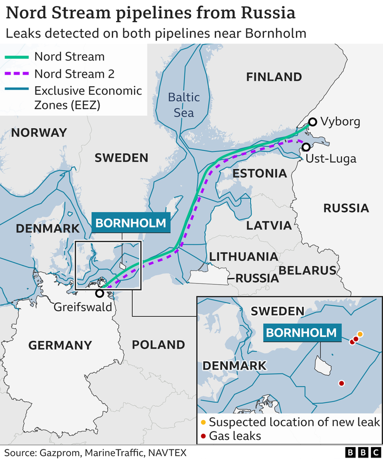 4 vị tr&iacute; tr&ecirc;n đường ống Nord Stream bị r&ograve; rỉ kh&iacute; đốt. Ảnh: BBC