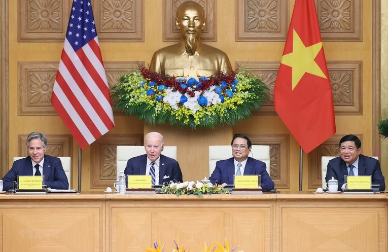 Thủ tướng Phạm Minh Ch&iacute;nh v&agrave; Tổng thống Mỹ Joe Biden tham dự &amp;amp;amp;quot;Hội nghị cấp cao Việt Nam - Mỹ về đầu tư v&agrave; đổi mới s&aacute;ng tạo&amp;amp;amp;quot;. Ảnh: VGP