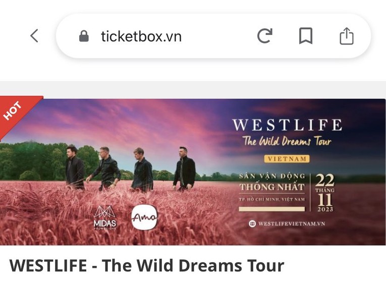 Trang web ch&iacute;nh thống mua v&eacute; concert của nh&oacute;m nhạc Westlife.