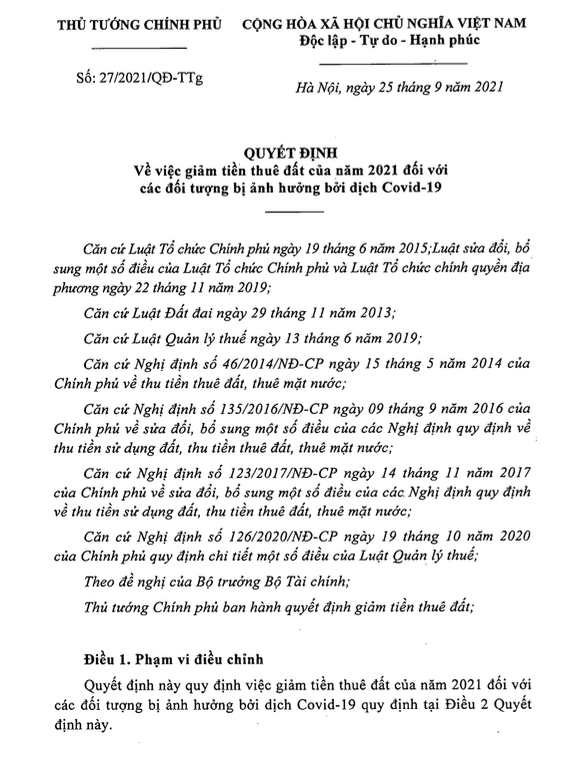 Ng&agrave;y 25/09/2021, Thủ tướng Ch&iacute;nh phủ ra Quyết định 27/2021/QĐ-TTg về việc giảm 30% tiền thu&ecirc; đất của năm 2021 đối với c&aacute;c đối tượng bị ảnh hưởng bởi dịch Covid-19