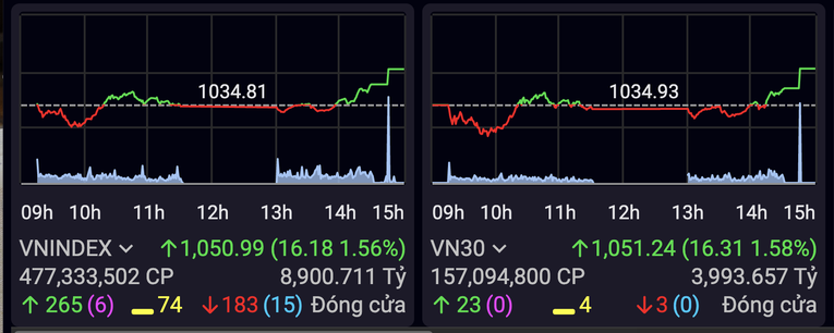 Diễn biến chỉ số VN-Index v&agrave; VN30 trong phi&ecirc;n h&ocirc;m nay.