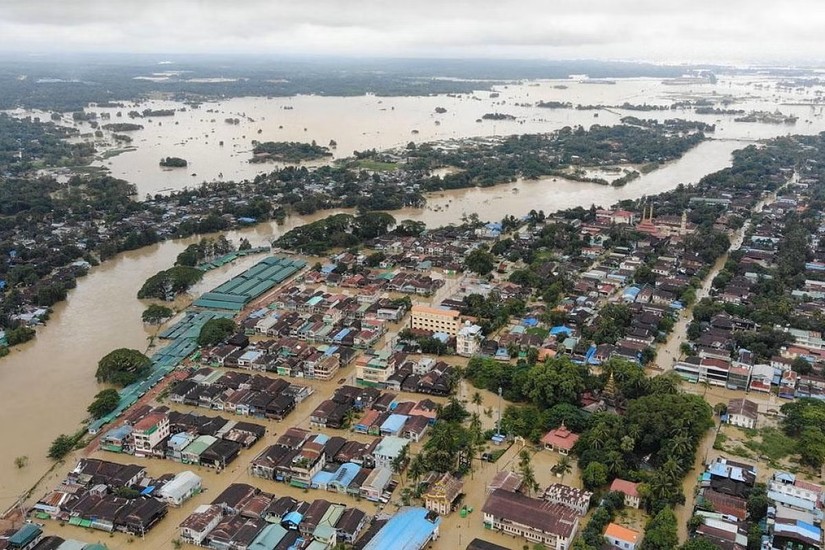 Cảnh lũ lụt tại khu vực Bago, Myanmar chụp từ tr&ecirc;n cao. Ảnh: AFP