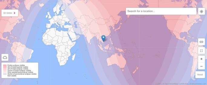 V&ugrave;ng quan s&aacute;t nguyệt thực: m&agrave;u c&agrave;ng đậm thời gian quan s&aacute;t c&agrave;ng d&agrave;i v&agrave; nhiều giai đoạn. Ảnh: Time and Date