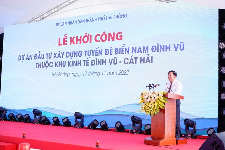 Ph&oacute; Chủ tịch UBND TP Hải Ph&ograve;ng Nguyễn Đức Thọ ph&aacute;t biểu tại Lễ khởi c&ocirc;ng.