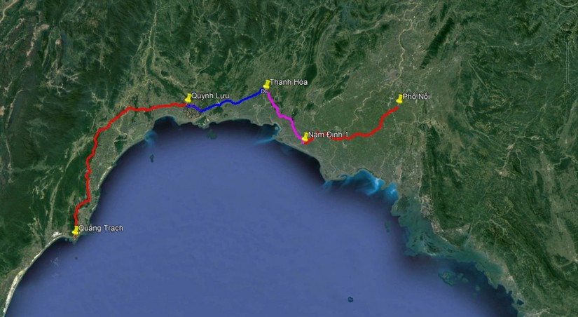 Dự kiến hướng tuyến đường d&acirc;y 500kV Quảng Trạch &ndash; Quỳnh Lưu. Nguồn: EVNNPT.