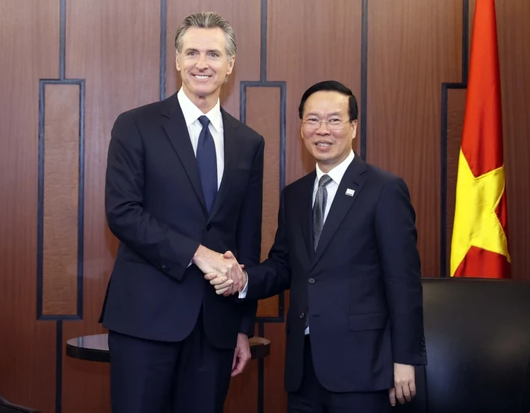 Chủ tịch nước V&otilde; Văn Thưởng tiếp Thống đốc bang California Gavin Newsom. Ảnh: TTXVN